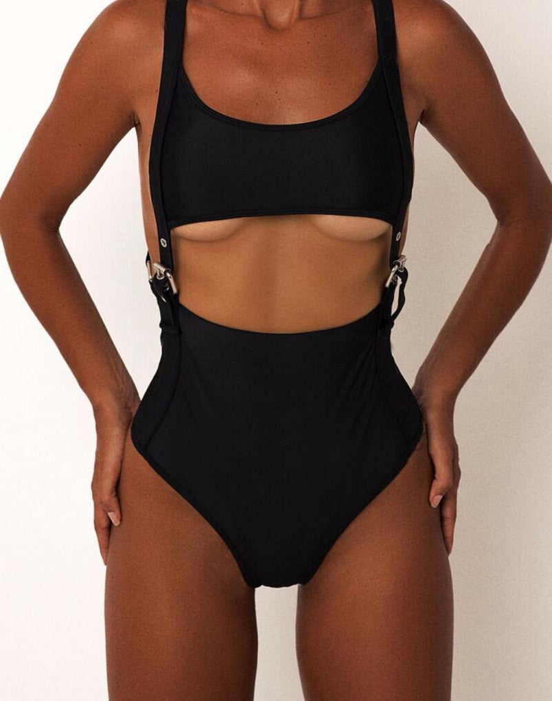 Bikinx Rivet sexy waist one-piece suits Black belt swimsuit 2018 Hollow out push up bikini High cut bathing suit women swimwear
